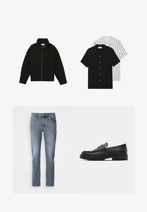 Black faux fur jacket with a high collar, zip closure, elastic cuffs, and a quilted design. Features side pockets and a soft texture.; Two short-sleeve shirts: one solid black, one white with black vertical stripes. Both feature button closures and a classic collar.; Light blue denim jeans with a straight cut, five-pocket design, and subtle fading. Features a button closure and belt loops.; Black leather loafers with a rounded toe, featuring a stitched design, low platform sole, and a textured, lugged rubber outsole.