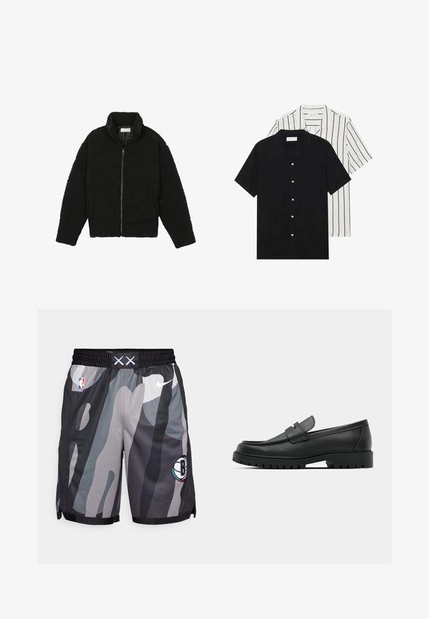Μαύρη ψεύτικη γούνα τζάκετ με ψηλό γιακά, φερμουάρ, ελαστικούς καρπούς και σχεδίαση με κουβέρτα. Περιλαμβάνει πλαϊνές τσέπες και μαλακή υφή.; Δύο κοντομάνικα πουκάμισα: ένα εντελώς μαύρο και ένα λευκό με μαύρες κάθετες ρίγες. Και τα δύο διαθέτουν κλείσιμο με κουμπιά και κλασικό γιακά.; Γκρι και μαύρα καμουφλαρισμένα σορτς μπάσκετ, με το λογότυπο της Nike, το έμβλημα του NBA, ελαστική μέση και χωριστό στρίφωμα για ευκολία κίνησης.; Μαύρα δερμάτινα λουστρίνια με στρογγυλή μύτη, που διαθέτουν ραμμένο σχέδιο, χαμηλή πλατφόρμα και υφή με λαστιχένια σόλα με προεξοχές.