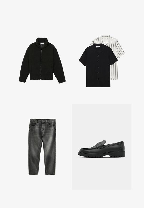 Musta tekokarvalehtijakku korkean kauluksen, vetoketjun, joustavat hihansuut ja tilkkutäkkikuvion. Sisältää sivutaskut ja pehmeän pinnan.; Kaksi lyhythihaista puseroa: yksi yhtenäinen musta, toinen valkoinen mustilla pystyraitoilla. Molemmissa on napitus ja klassinen kaulus.; Tummanharmaat farkut, joissa on rento malli, viisi taskua, hienovarainen kuluminen ja kontrastivärit. Metallinen nappi ja vetskari.; Musta nahkaloafers, joissa on pyöreä kärki, ommeltu pinta, matala alusta ja kuvioitu, kuminen ulkopohja.