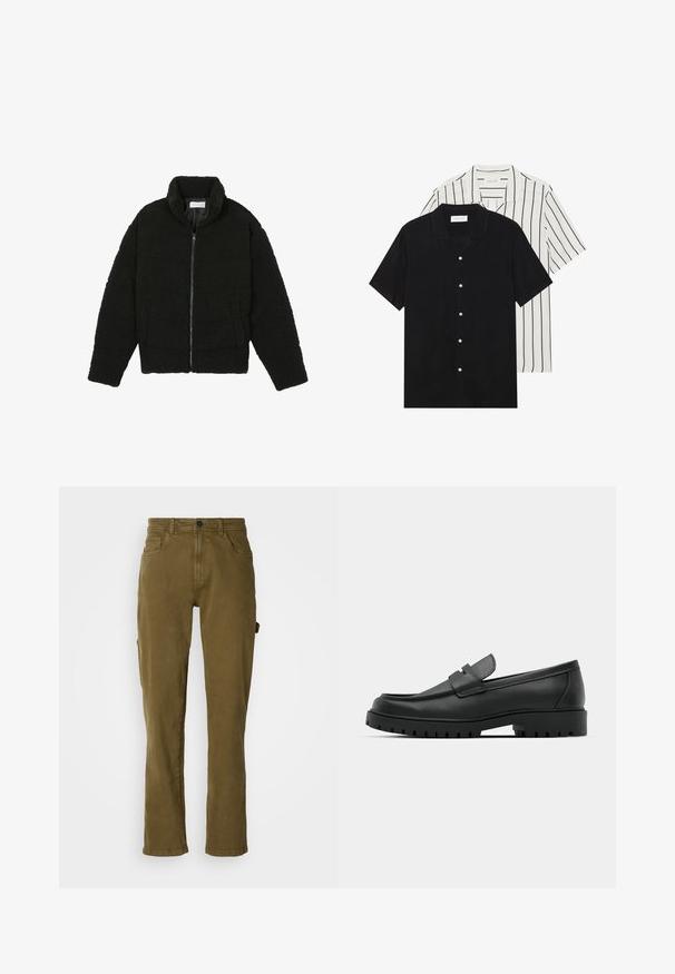 Juoda dirbtinė kailio striukė su aukštu apykakle, užtrauktuku, elastingomis rankovėmis ir siuvinėtu raštu. Su šoninėmis kišenėmis ir švelnia tekstūra.; Du šortais rankovėmis marškiniai: vieni visiškai juodi, kiti balti su juodomis vertikaliomis juostelėmis. Abu turi mygtukų užsegimus ir klasikinį apykaklę.; Olivinės žalios spalvos medvilninės kelnės su tiesiu siluetu, turinčios priekinį mygtuką ir šonines kišenes. Sklandus paviršius ir tvarkinga išvaizda.; Juodi odiniai loaferiai su apvalia nosimi, su siuvinėtu dizainu, žemu platformos padu ir tekstūruotu, sukibimo raštu padu.