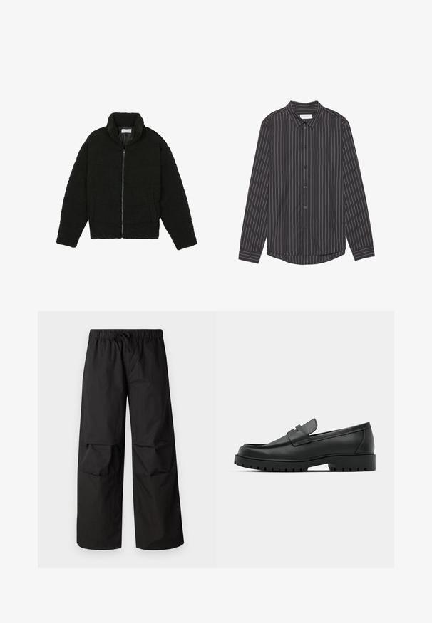 Sort faux fur jakke med høj krave, lynlås lukning, elastiske ærmer og et quiltet design. Har sidelommer og en blød tekstur.; Sort langærmet skjorte med hvide lodrette striber, krave, knaplukning foran og buet kant. Lavet af et glat stof.; Sorte brede bukser lavet af letvægtsstof, med en elastisk talje og snøre samt detaljer ved knæpanelet.; Sorte læder loafers med rund tå, der har et syet design, lav platformssål og en struktureret, skridsikker gummisål.