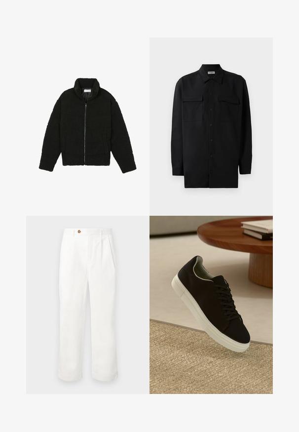 Melnā mākslīgā kažokādas jaka ar augstu apkakli, ar rāvējslēdzēju, elastīgām piedurknēm un kvadrātveida šuvēm. Iespējotas sānu kabatas un mīksta tekstūra.; Melnā pogu krekla, kas izgatavota no gludas auduma, ar klasisku apkakli, divām priekšējām kabatām un garām piedurknēm ar pogu aprocēm.; Baltie kokvilnas bikses ar taisnu piegriezumu, kas aprīkotas ar divām priekšējām krokām, vienu pogu aizdari un sānu kabatām. Gluda tekstūra.; Melni sporta apavi ar baltu zoli, kas peld virs bēša tekstūrēta paklāja netālu no apaļa koka galda ar sakrautiem grāmatām.