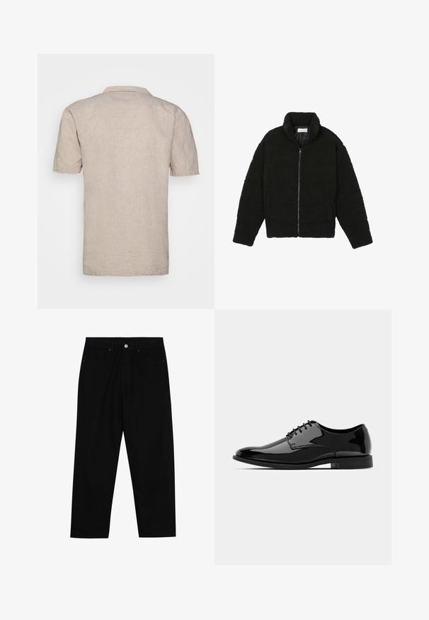 Chaqueta de pelaje sintético negro con cuello alto, cierre de cremallera, puños elásticos y un diseño acolchado. Cuenta con bolsillos laterales y una textura suave.; Camisa de lino beige de manga corta con cuello, que presenta un tejido texturizado y dobladillo recto, sin patrones ni acentos visibles.; Pantalones de mezclilla negra con corte recto, diseño de cinco bolsillos y cierre frontal con botón. Textura suave con detalles de costura mínimos.; Zapato de vestido de charol negro con puntera redondeada, diseño de cordones y superficie lisa y brillante. Cuenta con una suela de goma de perfil bajo.