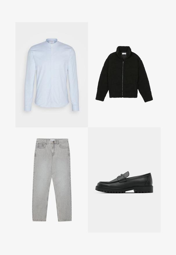 Fekete műszőrme dzseki magas gallérral, cipzáros záródással, rugalmas mandzsettákkal és steppelt mintázattal. Oldalsó zsebekkel rendelkezik, és puha tapintású.; Világoskék, hosszú ujjú ing mandarin gallérral, gombos elülső résszel és puha, texturált anyaggal. Testhez simuló fazon, kerekített aljjal.; Világosszürke farmernadrág egyenes szabással, öt zsebes stílusban, gombos záródással. Látható varrások az illesztéseknél.; Fekete bőr loafer cipők kerek orral, varrott mintázattal, alacsony platformtalpú és texturált, barázdált gumitalppal.