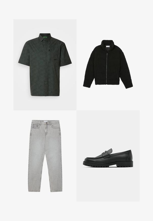 Musta tekokarvalehtijakku korkean kauluksen, vetoketjun, joustavat hihansuut ja tilkkutäkkikuvion. Sisältää sivutaskut ja pehmeän pinnan.; Lyhythihainen paita tummanvihreänä, jossa on geometrinen kuvio. Varustettu kauluksella, etutaskulla, vetoketjuyksityiskohdalla ja huomaamattomalla logolla rinnassa.; Vaaleanharmaat farkut, joissa on suora lahje, viisi taskua ja nappisulku. Saumojen varrella näkyvä ompelu.; Musta nahkaloafers, joissa on pyöreä kärki, ommeltu pinta, matala alusta ja kuvioitu, kuminen ulkopohja.