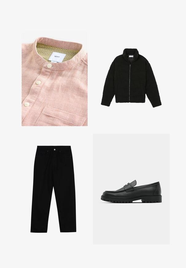 Giacca in pelliccia sintetica nera con colletto alto, chiusura con zip, polsini elasticizzati e design trapuntato. Presenta tasche laterali e una consistenza morbida.; Camicia a maniche corte in tessuto pesca con un motivo bianco, caratterizzata da un colletto a fascia, bottoni frontali e una tasca sul petto. All'interno presenta una fodera a motivo.; Pantaloni in denim nero con taglio dritto, design a cinque tasche e chiusura frontale con bottone. Tessuto liscio con dettagli di cucitura minimi.; Mocassini in pelle nera con punta rotonda, caratterizzati da un design cucito, suola piatta bassa e un battistrada in gomma testurizzata e scolpita.