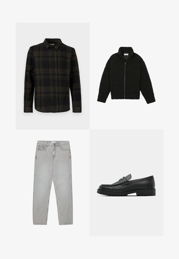 Giacca in pelliccia sintetica nera con colletto alto, chiusura con zip, polsini elasticizzati e design trapuntato. Presenta tasche laterali e una consistenza morbida.; Camicia a quadri nera e verde scuro in tessuto, con chiusura frontale con bottoni, maniche lunghe e colletto classico.; Pantaloni in denim grigio chiaro con design a gamba dritta, stile a cinque tasche e chiusura con bottone. Cuciture visibili lungo le cuciture.; Mocassini in pelle nera con punta rotonda, caratterizzati da un design cucito, suola piatta bassa e un battistrada in gomma testurizzata e scolpita.