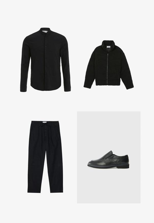 Czarna kurtka z faux futra z wysokim kołnierzem, zapięciem na zamek, elastycznymi mankietami i pikowanym wzorem. Posiada boczne kieszenie i miękką fakturę.; Czarna koszula z długim rękawem, z kołnierzykiem stójkowym, zapinana na guziki z przodu, o gładkiej fakturze. Prosty dół i dopasowany fason.; Pier One - Chinosy; Czarne skórzane buty wsuwane z gładką cholewką, przeszyciami, okrągłym noskiem i niskim gumowym obcasem. Podeszwa ma minimalny bieżnik.