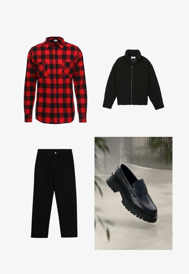 Veste en fausse fourrure noire avec un col haut, fermeture éclair, poignets élastiques et un design matelassé. Elle possède des poches latérales et une texture douce.; Chemise en flanelle écossaise rouge et noire avec un devant à boutons, des manches longues et deux poches poitrine. Tissu texturé avec un motif à carreaux.; Pantalons en denim noir avec une coupe droite, un design à cinq poches et une fermeture à bouton à l'avant. Texture lisse avec des détails de couture minimaux.; Mocassins en cuir noir avec une semelle à crampons épaisse, dotés d'une sangle décorative et de détails de couture. Texture lisse avec une finition polie.