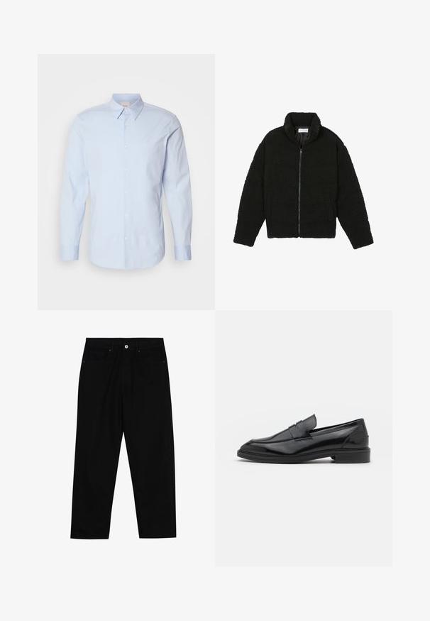 Chaqueta de pelaje sintético negro con cuello alto, cierre de cremallera, puños elásticos y un diseño acolchado. Cuenta con bolsillos laterales y una textura suave.; Camisa de botón de manga larga color azul claro, hecha de algodón con un cuello clásico, que presenta un pequeño logo en el pecho y un dobladillo recto.; Pantalones de mezclilla negra con corte recto, diseño de cinco bolsillos y cierre frontal con botón. Textura suave con detalles de costura mínimos.; Mocasines de cuero negro con un acabado suave, que presentan una punta redondeada y una banda estrecha en la parte superior. Tacón bajo apilado.