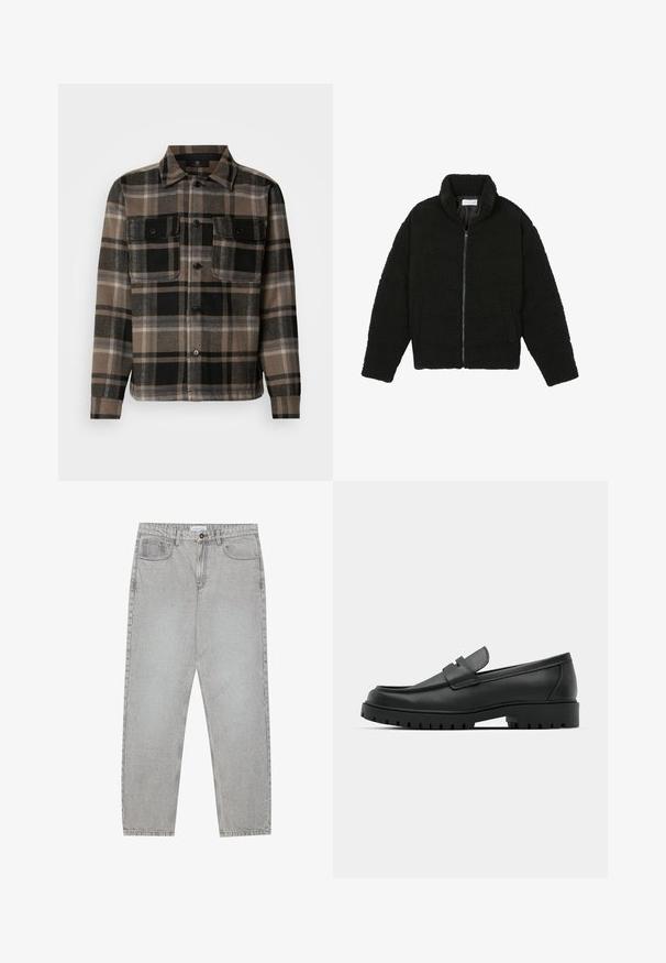 Veste en fausse fourrure noire avec un col haut, fermeture éclair, poignets élastiques et un design matelassé. Elle possède des poches latérales et une texture douce.; Chemise à carreaux marron et noir en tissu doux, avec un devant boutonné, deux poches poitrine et un col classique.; Pantalon en denim gris clair avec une coupe droite, cinq poches et une fermeture à bouton. Coutures visibles le long des coutures.; Mocassins en cuir noir à bout arrondi, avec un design cousu, une semelle plateforme basse et une semelle en caoutchouc texturée et crantée.