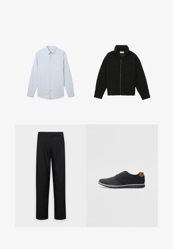 Chaqueta de pelaje sintético negro con cuello alto, cierre de cremallera, puños elásticos y un diseño acolchado. Cuenta con bolsillos laterales y una textura suave.; Camisa de botón de manga larga azul claro con finas rayas blancas, cuello clásico y un bolsillo de parche en el lado izquierdo del pecho, hecha de tela de algodón.; Pantalones negros de tela suave, con un diseño de pierna recta, dos pliegues frontales y una cintura estándar con trabillas para el cinturón.; Zapatos sintéticos negros con un upper texturizado, acentos lisos, tacón marrón y una suela en contraste. Presenta un cordón mínimo y detalles de costura.