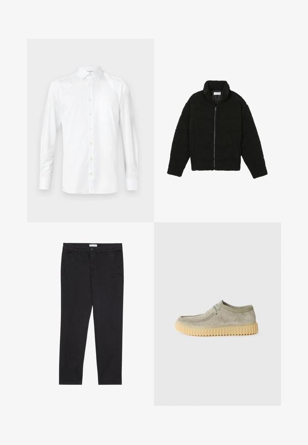 Veste en fausse fourrure noire avec un col haut, fermeture éclair, poignets élastiques et un design matelassé. Elle possède des poches latérales et une texture douce.; Chemise blanche à manches longues en tissu lisse, dotée d'un col classique, d'une fermeture à boutons et de poignets boutonnés. Design simple et épuré.; Pantalon en coton noir à coupe slim, avec deux poches latérales et une fermeture à bouton à l'avant. Tissu texturé avec des détails subtils.; Chaussures en daim gris clair avec une semelle en caoutchouc crème épaisse et texturée. Présente un bout rond, un minimum de coutures et des lacets ton sur ton.