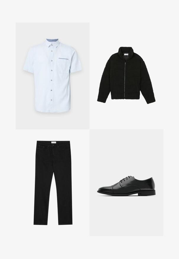 Svart fuskepelsjakke med høy krage, glidelås, elastiske mansjetter og quiltet design. Har sidelommer og en myk tekstur.; Lyseblå kortermet skjorte laget av mykt stoff, med knappelukking foran, en enkelt brystlomme og en kontrasterende kragedetalj.; Svarte jeans med rette ben, fem lommer, knapp og glidelås-lukking, og et Pier One-merkelapp på midjen.; Svart skinn dressko med avrundet tå, snøring, subtile sømdetaljer og lav hæl. Glatt tekstur med polert finish.