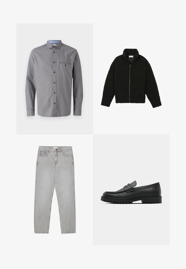 Veste en fausse fourrure noire avec un col haut, fermeture éclair, poignets élastiques et un design matelassé. Elle possède des poches latérales et une texture douce.; Chemise à carreaux gris à manches longues, col boutonné, poche poitrine et intérieur de col bleu clair contrastant. Boutons marron.; Pantalon en denim gris clair avec une coupe droite, cinq poches et une fermeture à bouton. Coutures visibles le long des coutures.; Mocassins en cuir noir à bout arrondi, avec un design cousu, une semelle plateforme basse et une semelle en caoutchouc texturée et crantée.