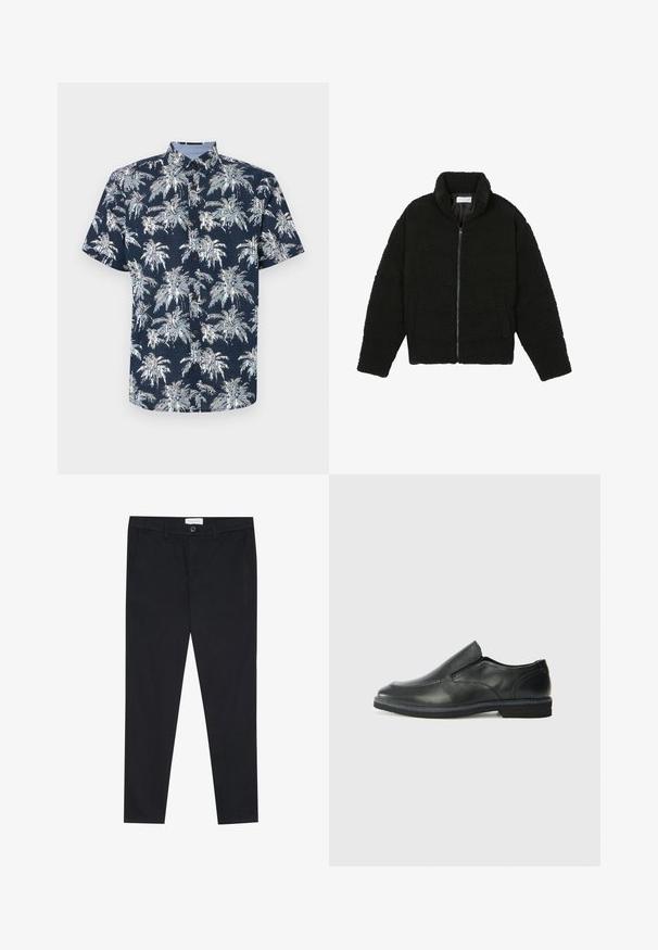 Juoda dirbtinė kailio striukė su aukštu apykakle, užtrauktuku, elastingomis rankovėmis ir siuvinėtu raštu. Su šoninėmis kišenėmis ir švelnia tekstūra.; Tamsiai mėlynas, trumpas rankovėmis, mygtukais užsegamas marškinis su baltais palmėmis. Yra apykaklė ir rudos spalvos mygtukai. Textūruotas audinys.; Juodos kelnes su tiesia kojos linija, pagamintos iš medvilnės audinio. Yra dvi priekinės kišenės ir mygtuko užsegimas juosmenyje.; Juodai odiniai įtvirtinimo batai su lygiu paviršiumi, siuvinėjimo akcentais, apvalia nosimi ir žemu guminiu kulnu. Pado raštas minimalus.