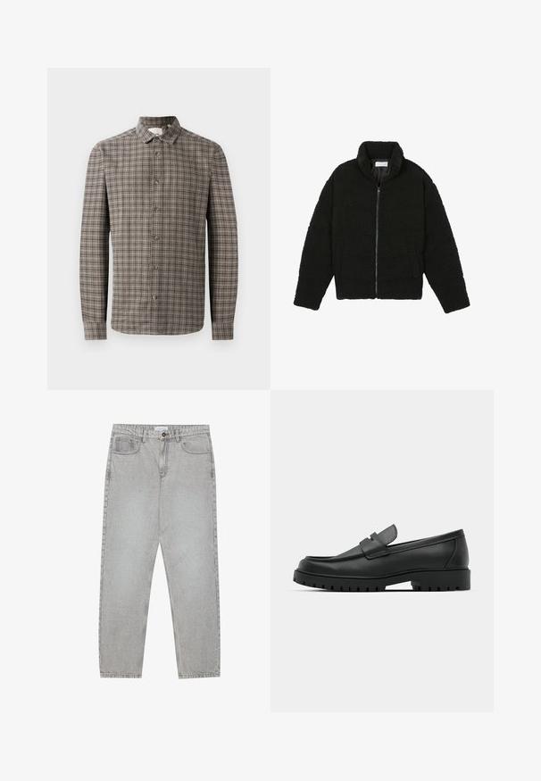 Črna jakna iz umetnega krzna z visokim ovratnikom, z zadrgo, elastičnimi manšetami in kviltanim dizajnom. Ima stranske žepke in mehak tekstur.; Srajca z dolgimi rokavi in gumbastim zapenjanjem v rjavi in sivi karirasti vzorec, ki ima klasičen ovratnik in gumbke spredaj.; Svetlo sivi traper hlače s ravnim krojem, pet žepov in gumbom za zapiranje. Vidno šivanje ob šivih.; Črne usnjene loafers čevlje z zaobljenim nosom, ki imajo šivano zasnovo, nizko platformo in teksturiran, profiliran gumijast podplat.