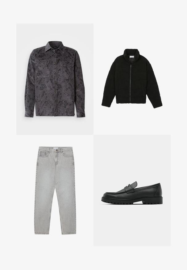 Fekete műszőrme dzseki magas gallérral, cipzáros záródással, rugalmas mandzsettákkal és steppelt mintázattal. Oldalsó zsebekkel rendelkezik, és puha tapintású.; Szürke kordbársony ing fekete virágmintával, két mellzsebbel, hegyes gallérral és fémgombokkal. Texturált anyag függőleges bordákkal.; Világosszürke farmernadrág egyenes szabással, öt zsebes stílusban, gombos záródással. Látható varrások az illesztéseknél.; Fekete bőr loafer cipők kerek orral, varrott mintázattal, alacsony platformtalpú és texturált, barázdált gumitalppal.