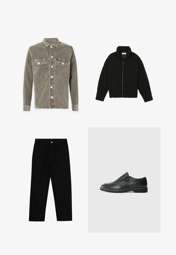 Melnā mākslīgā kažokādas jaka ar augstu apkakli, ar rāvējslēdzēju, elastīgām piedurknēm un kvadrātveida šuvēm. Iespējotas sānu kabatas un mīksta tekstūra.; Olive zaļas korduroja krekla jakas ar klasisku apkakli, divām priekšējām kabatām un priekšējo pogu aizdari, kurai ir bēša pogas. Gluda tekstūra.; Melni džinsi ar taisnu kāju griezumu, piecu kabatu dizainu un priekšēju pogu aizdari. Gluda tekstūra ar minimālu šuvju detaļu skaitu.; Melnas ādas slip-on kurpes ar gludu augšdaļu, izšūtām akcentiem, noapaļotu purngala daļu un zemu gumijas papēdi. Zole ar minimālu rakstu.