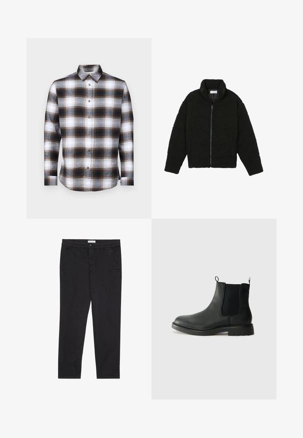Čierna umelá kožušinová bunda s vysokým golierom, zipsom, elastickými manžetami a prešívaným dizajnom. Má bočné vrecká a jemnú textúru.; Dlhý rukáv, károvaná košeľa s hnedou, čiernou a bielou farbou, s golierom na gombíky a hnedými gombíkmi na mäkkej látke.; Čierne bavlnené nohavice so štíhlym strihom, vybavené dvoma bočnými vreckami a predným zapínaním na gombík. Textúrovaná tkanina s jemným detailovaním.; Čierne kožené chelsea čižmy s elastickými bočnými panelmi, uškami na ťahanie, zaoblenou špičkou a textúrovanou gumovou podrážkou. Hladký povrch a pevná konštrukcia.