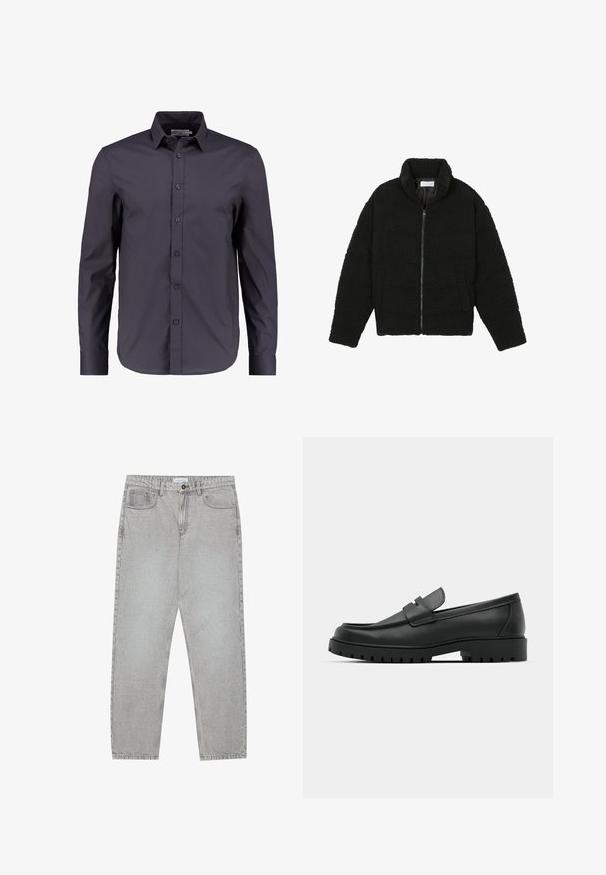 Svart fuskepelsjakke med høy krage, glidelås, elastiske mansjetter og quiltet design. Har sidelommer og en myk tekstur.; Mørk marineblå langermet skjorte laget av glatt bomull, med knappestolpe foran, klassisk krage og en skreddersydd passform.; Lys grå denimbukser med rett ben-design, fem lommer og knappelukking. Synlig søm langs sømmene.; Sorte lærloafere med rund tå, med en syddesign, lav plattformsåle og en teksturert, ruggede gummisåle.