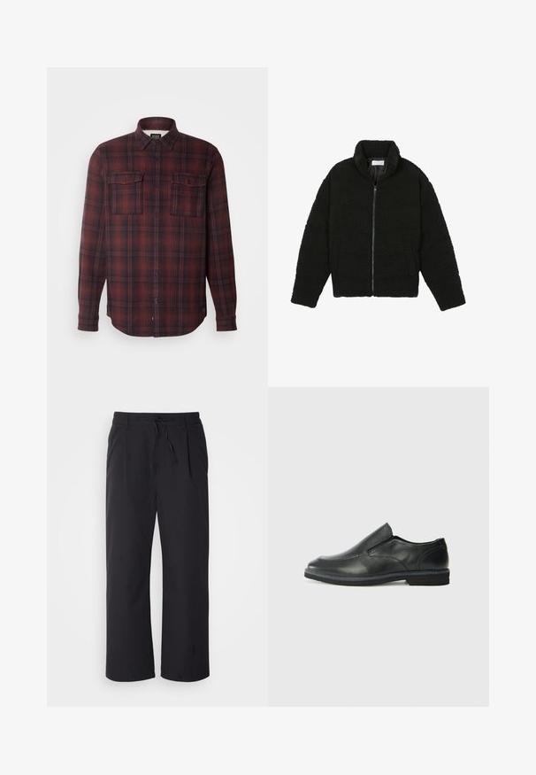 Melnā mākslīgā kažokādas jaka ar augstu apkakli, ar rāvējslēdzēju, elastīgām piedurknēm un kvadrātveida šuvēm. Iespējotas sānu kabatas un mīksta tekstūra.; Sarkana un melna šaha flaneles krekli ar pogu apkakli, divām krūšu kabatām un garām piedurknēm. Izturīgs piegriezums un izliekts apakšmala.; Platas kājas bikses no teksturētas melnas auduma ar regulējamu jostasvietu, kas aprīkotas ar divām priekšējām kabatām un taisnu piegriezumu.; Melnas ādas slip-on kurpes ar gludu augšdaļu, izšūtām akcentiem, noapaļotu purngala daļu un zemu gumijas papēdi. Zole ar minimālu rakstu.