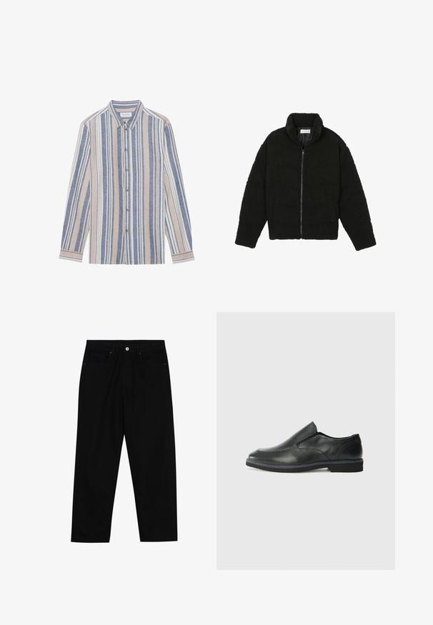Schwarze Kunstpelzjacke mit hohem Kragen, Reißverschluss, elastischen Bündchen und gestepptem Design. Verfügt über seitliche Taschen und eine weiche Textur.; Langärmliges Hemd mit Knöpfen, das vertikale Streifen in Blau, Beige und Weiß zeigt. Hergestellt aus einem strukturierten Stoff, mit einem Kragen und Metallknöpfen.; Schwarze Jeans mit geradem Schnitt, Fünf-Taschen-Design und einem vorderen Knopfverschluss. Glatte Textur mit minimalen Nähten.; Schwarze Leder-Slipper mit glattem Obermaterial, gesteppten Akzenten, runder Zehenpartie und niedrigem Gummiabsatz. Die Sohle hat ein minimales Profil.