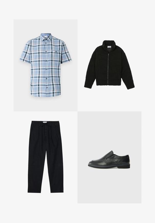 Casaco de pelo sintético preto com gola alta, fecho de zip, punhos elásticos e um design acolchoado. Apresenta bolsos laterais e uma textura suave.; Camisa de botão de manga curta em xadrez azul claro com detalhes em azul escuro, branco e vermelho. Apresenta um bolso no peito e uma textura suave.; Pier One Chinos - black; Sapato slip-on preto em pele com um upper liso, acabamentos cosidos, bico arredondado e um salto de borracha baixo. A sola apresenta um padrão de aderência mínimo.