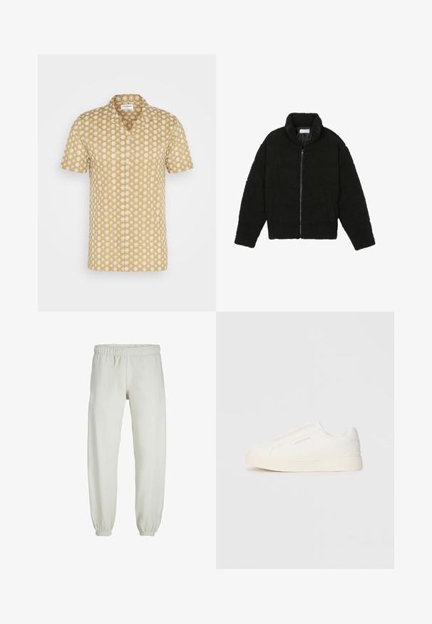 Giacca in pelliccia sintetica nera con colletto alto, chiusura con zip, polsini elasticizzati e design trapuntato. Presenta tasche laterali e una consistenza morbida.; Camicetta a maniche corte in beige con motivo floreale bianco. Realizzata in tessuto leggero, presenta un collo classico e chiusura con bottoni.; Pantaloni tuta bianchi realizzati in tessuto morbido, dotati di vita e polsini elastici, con una texture liscia e una vestibilità ampia.; Sneakers bianchi slip-on con superficie texturizzata, suola spessa e design minimalista. Presentano il logo del marchio sul lato.