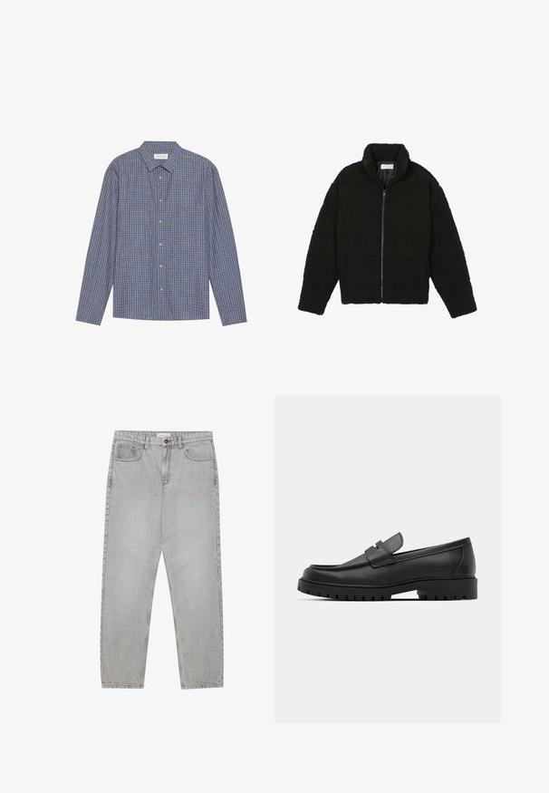 Jachetă din blană sintetică neagră, cu guler înalt, închidere cu fermoar, manșete elastice și un design matlasat. Dispune de buzunare laterale și o textură moale.; Cămașă cu mâneci lungi în carouri albastre și maronii, cu guler ascuțit, închidere cu nasturi și manșete simple. Material moale, croi regular.; Pantaloni din denim gri deschis cu un design cu picioare drepte, stil cu cinci buzunare și închidere cu nasture. Cusături vizibile de-a lungul cusăturilor.; Mocasini din piele neagră cu vârful rotunjit, având un design cusut, talpă joasă și o talpă din cauciuc texturat, cu crampoane.