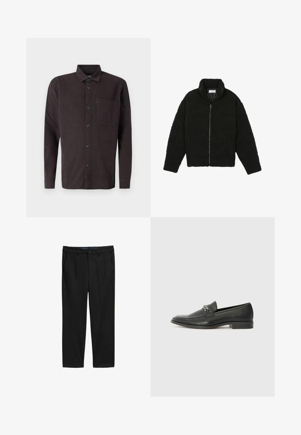 Crna jakna od umjetnog krzna s visokim ovratnikom, zatvaranjem na zip, elastičnim manžetama i kviltanim dizajnom. Sadrži bočne džepove i mekanu teksturu.; Tamno smeđa košulja dugih rukava od pamuka, s ovratnikom na kopčanje, prednjim džepom i crnim gumbima za zatvaranje.; Crne hlače ravnog kroja, izrađene od teksturiranog materijala. Imaju dva prednja džepa i dugme za zatvaranje u struku.; Crna kožna loafer cipela s glatkom finišem, s ušivenim uzorkom i dekorativnim metalnim lancem preko prednjeg dijela. Ravni potplat.