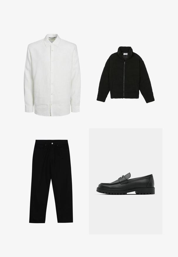Fekete műszőrme dzseki magas gallérral, cipzáros záródással, rugalmas mandzsettákkal és steppelt mintázattal. Oldalsó zsebekkel rendelkezik, és puha tapintású.; Fehér hosszúujjú ing vászonból, gombos elülső résszel, klasszikus gallérral és enyhe textúrával. Az ujjak csuklónál gombos mandzsettával végződnek.; Fekete farmernadrág, egyenes szabással, öt zsebből álló dizájnnal és elülső gombos záródással. Simább felület minimális varrási részletekkel.; Fekete bőr loafer cipők kerek orral, varrott mintázattal, alacsony platformtalpú és texturált, barázdált gumitalppal.