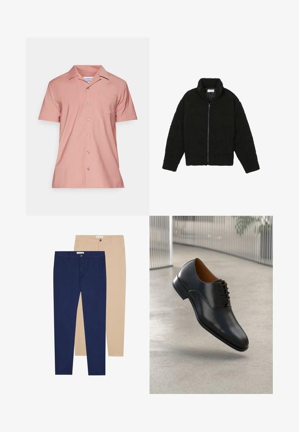 Juoda dirbtinė kailio striukė su aukštu apykakle, užtrauktuku, elastingomis rankovėmis ir siuvinėtu raštu. Su šoninėmis kišenėmis ir švelnia tekstūra.; Šviesiai rožinė trumpomis rankovėmis marškinėliai su mygtukais, pagaminti iš lygaus audinio. Yra krūtinės kišenė ir klasikinis apykaklė su priekiniais mygtukais.; Du auskarų poros: viena tamsiai mėlyna, kita smėlio spalvos. Abi turi tiesų pjūvį, mygtukų užsegimą ir lygų audinio paviršių.; Juodas odinis suknelės batas su lygia apdaila, smailiu ponu ir su raišteliais. Yra subtilus siūlas palei padą.