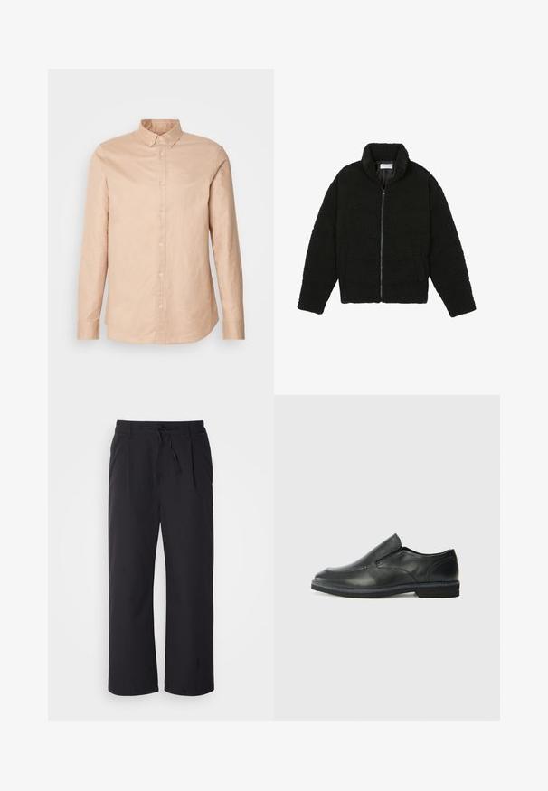 Schwarze Kunstpelzjacke mit hohem Kragen, Reißverschluss, elastischen Bündchen und gestepptem Design. Verfügt über seitliche Taschen und eine weiche Textur.; Hellbeige Hemd mit Knopfleiste aus Baumwolle, langen Ärmeln, einem taillierten Kragen und einem kleinen Logo auf der Brust. Glatte Textur, klassisches Design.; Weite Hosen aus strukturiertem schwarzem Stoff mit einem Kordelzugbund, ausgestattet mit zwei Fronttaschen und einem geraden Schnitt.; Schwarze Leder-Slipper mit glattem Obermaterial, gesteppten Akzenten, runder Zehenpartie und niedrigem Gummiabsatz. Die Sohle hat ein minimales Profil.