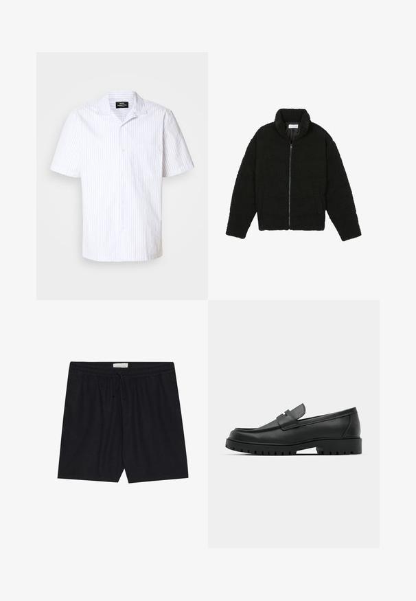 Zwarte faux fur jas met een hoge kraag, ritssluiting, elastische manchetten en een doorgestikt ontwerp. Beschikt over zijzakken en een zachte textuur.; Korte mouwen shirt in wit met lichtblauwe verticale strepen, voorzien van een puntige kraag en een enkele borstzak.; Zwarte, elastische shorts met een trekkoord, met een gladde textuur en rechte snit, geschikt voor casual wear.; Zwarte leren instappers met een ronde neus, voorzien van een gestikt ontwerp, een lage platformzool en een gestructureerde, grof rubberen buitenzool.