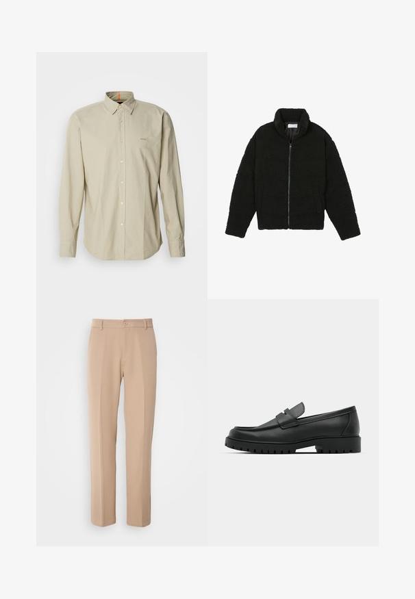 Zwarte faux fur jas met een hoge kraag, ritssluiting, elastische manchetten en een doorgestikt ontwerp. Beschikt over zijzakken en een zachte textuur.; Beige overhemd met lange mouwen en knopen, voorzien van een gestructureerde kraag. Het heeft een patchzak en subtiele logo borduursel op de borst. Glad, lichtgewicht stof.; Beige broek gemaakt van gladde stof, met een rechte pasvorm, een sluiting met een knoop aan de voorkant en subtiele plis details aan de voorkant.; Zwarte leren instappers met een ronde neus, voorzien van een gestikt ontwerp, een lage platformzool en een gestructureerde, grof rubberen buitenzool.