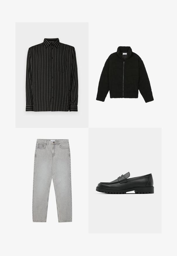 Must must karusnahast jakk kõrge kraega, lukuga sulgemine, elastsed varrukad ja tikandmuster. Omab küljetaskuid ja pehmet tekstuuri.; Must printidega valged triibud, krae, pikad varrukad, rinnakott ja nööpide sulgemine. Kude tundub sile ja kerge.; Heledad hallide denimpüksid otse säärekujundusega, viie-taskulise stiliseerimise ja nupukinnitusega. Nähtav õmblus kõrvuti.; Mustad musta nahast loafers, millel on ümar varvas, tikandiga disain, madal platvorm-soon ja tekstureeritud, soonikkummist välistald.