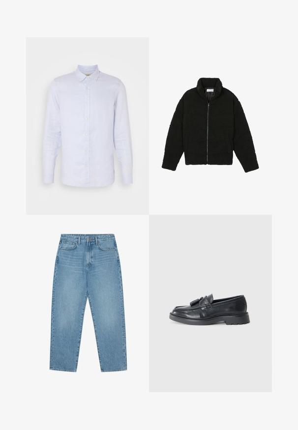 Svart fuskepelsjakke med høy krage, glidelås, elastiske mansjetter og quiltet design. Har sidelommer og en myk tekstur.; Lys blå lin skjorte med lange ermer, knapp-ned krage, front-knapping og en glatt tekstur. Dekorert med subtile vevde detaljer.; Lyseblå denim brede benbukser med høy midje, som har fem lommer, beltehemper og en myk, lett falmet tekstur.; Sorte skinnloafers med rund tå, en stropp med frynser og en tykk såle med mønster. Glatt tekstur og klassisk design.
