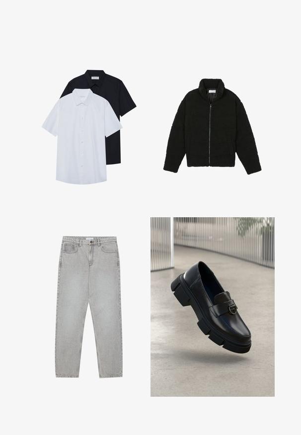 Schwarze Kunstpelzjacke mit hohem Kragen, Reißverschluss, elastischen Bündchen und gestepptem Design. Verfügt über seitliche Taschen und eine weiche Textur.; Kurzarm-Hemden mit Knöpfen in Weiß und Schwarz, aus einem Baumwollmischgewebe hergestellt. Sie verfügen über einen klassischen Kragen und einen geraden Saum.; Helle graue Jeanshose mit gerade geschnittenem Design, Fünf-Taschen-Stil und Knopfverschluss. Sichtbare Nähte entlang der Seitennähte.; Schwarze Lederloafers mit einer massiven Gummisohle und ausgeprägtem Profil. Verfügt über einen vorderen Riemen mit einem runden Metallelement.