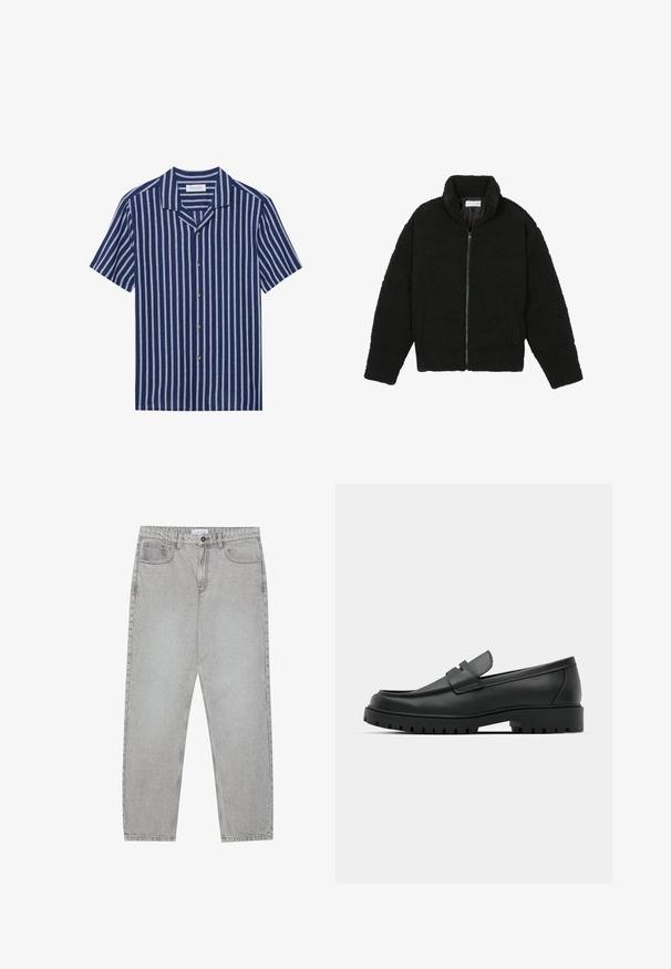 Chaqueta de pelaje sintético negro con cuello alto, cierre de cremallera, puños elásticos y un diseño acolchado. Cuenta con bolsillos laterales y una textura suave.; Pier One LINEN MIX BLEND SHIRT - Camisa - dark blue/white; Pantalones de mezclilla gris claro con un diseño de pierna recta, estilo de cinco bolsillos y cierre de botón. Costuras visibles a lo largo de las costuras.; Mocasines de cuero negro con punta redonda, que cuentan con un diseño cosido, suela de plataforma baja y una suela de goma texturada y con tacos.