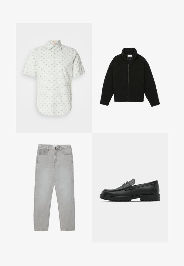 Casaco de pelo sintético preto com gola alta, fecho de zip, punhos elásticos e um design acolchoado. Apresenta bolsos laterais e uma textura suave.; Camisa de botão de mangas curtas em verde claro com um padrão de pequenos peixes pretos. Apresenta um colarinho clássico e um único detalhe em laranja.; Calças de ganga cinza claro com um design de perna reta, estilo de cinco bolsos e fecho com botão. Costura visível ao longo das costuras.; Sapatilhas de couro preto com bico arredondado, apresentando um design cosido, sola de plataforma baixa e um solado de borracha texturizado e com cravos.