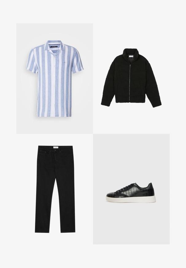 Giacca in pelliccia sintetica nera con colletto alto, chiusura con zip, polsini elasticizzati e design trapuntato. Presenta tasche laterali e una consistenza morbida.; Camicia a maniche corte con bottoni, a righe verticali blu e bianche, realizzata in tessuto leggero, con colletto e logo sul petto.; Jeans neri a gamba dritta con design a cinque tasche, chiusura con bottone e zip, e etichetta del marchio Pier One sulla cintura.; Sneaker nere con una toma superiore in pelle con effetto croc embossato, punta rotonda e suola in gomma bianca a contrasto con una finitura liscia.