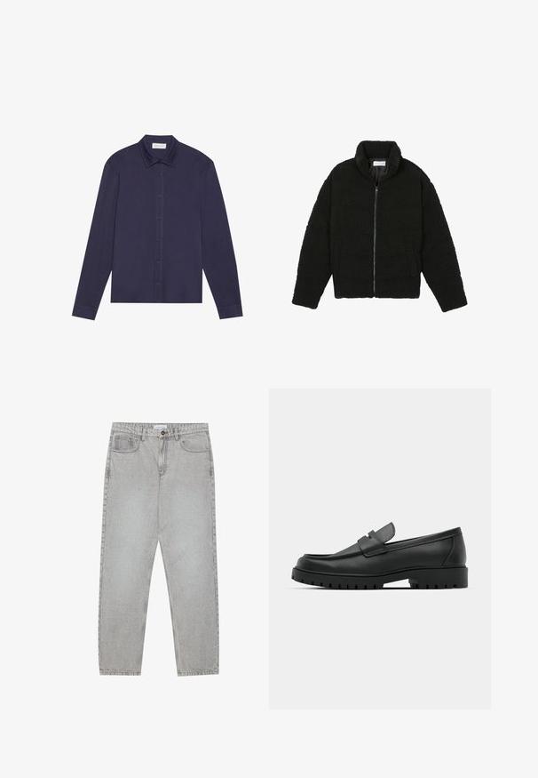 Juoda dirbtinė kailio striukė su aukštu apykakle, užtrauktuku, elastingomis rankovėmis ir siuvinėtu raštu. Su šoninėmis kišenėmis ir švelnia tekstūra.; Navy ilgio rankovėmis marškiniai, pagaminti iš lygios medžiagos, su mygtukų uždarymu priekyje, smaigalio formos apykakle ir šiek tiek laisvu siluetu.; Šviesiai pilki džinsai su tiesiu kirpimu, penkiais kišenėmis ir mygtuko uždarymu. Matoma siuvimo linija palei siūles.; Juodi odiniai loaferiai su apvalia nosimi, su siuvinėtu dizainu, žemu platformos padu ir tekstūruotu, sukibimo raštu padu.