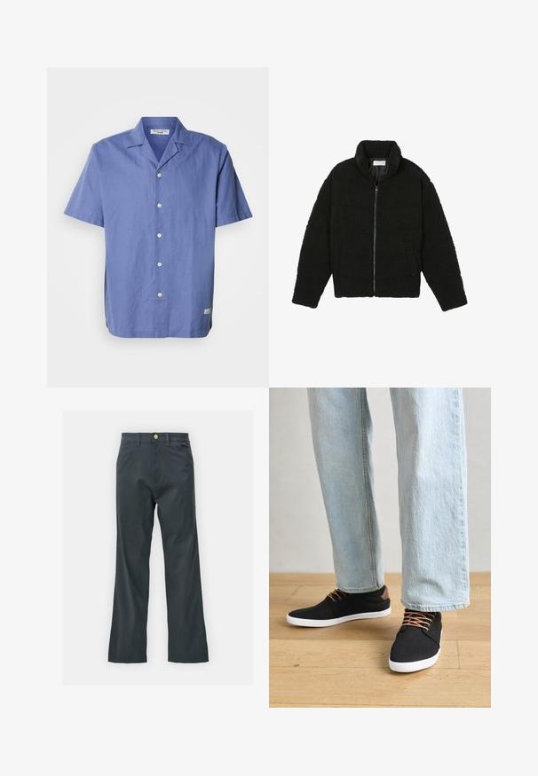 Črna jakna iz umetnega krzna z visokim ovratnikom, z zadrgo, elastičnimi manšetami in kviltanim dizajnom. Ima stranske žepke in mehak tekstur.; Srajca kratkih rokavov, svetlo modra, iz lanu, s kamp ovratnikom, sprednjimi gumbi in majhnim oznako na stranskem robu. Gladka tekstura.; Črne hlače s ravnim krojem, izdelane iz mešanice bombaža. Imajo kovinsko zaponko in stranske žepe. Brez vidnih vzorcev.; Črne platnene superge z rjavimi poudarki, belimi gumijastimi podplati in rjavimi vezalkami, v kombinaciji s svetlobluzimi naravnost krojenimi kavbojkami. Ozadje iz lesenih tal.