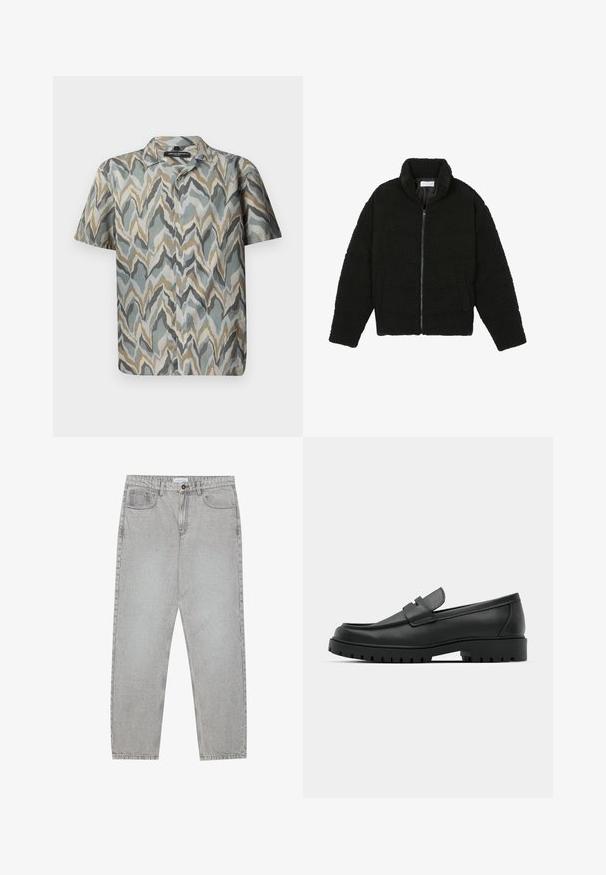 Svart fuskepelsjakke med høy krage, glidelås, elastiske mansjetter og quiltet design. Har sidelommer og en myk tekstur.; Kortermet skjorte med et bølgete mønster i nyanser av teal, grått, beige og gull. Laget av lett stoff med knapper foran.; Lys grå denimbukser med rett ben-design, fem lommer og knappelukking. Synlig søm langs sømmene.; Sorte lærloafere med rund tå, med en syddesign, lav plattformsåle og en teksturert, ruggede gummisåle.
