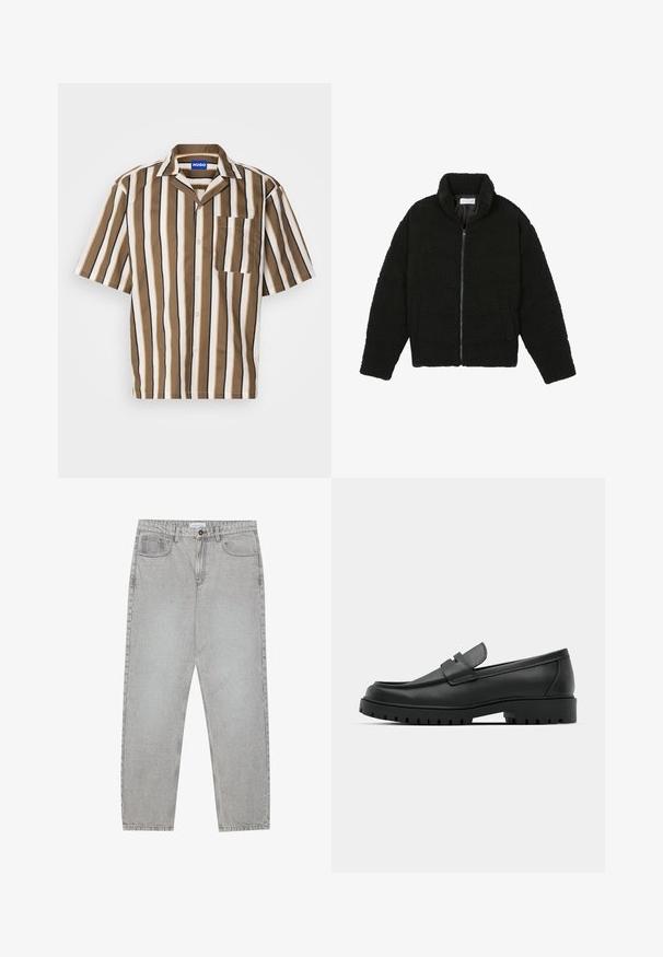 Čierna umelá kožušinová bunda s vysokým golierom, zipsom, elastickými manžetami a prešívaným dizajnom. Má bočné vrecká a jemnú textúru.; Košela s krátkym rukávom v hnedej, béžovej a bielej farbe s vertikálnymi pruhmi. Má zárezový golier a jednu náprsné vrecko. Vyrobená z hladkej látky.; Svetlošedé denimové nohavice s rovným strihom, piatimi vreckami a zapínaním na gombík. Viditeľné švy pozdĺž švov.; Čierne kožené mokasíny s okrúhlou špičkou, s prešitým dizajnom, nízkou platformou a textúrovanou, zúbkovanou gumovou podrážkou.