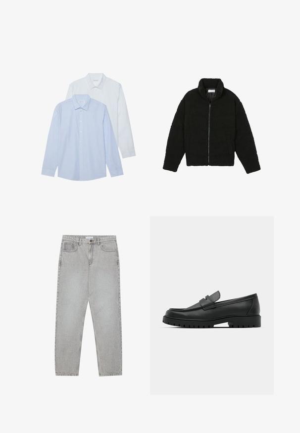 Black faux fur jacket with a high collar, zip closure, elastic cuffs, and a quilted design. Features side pockets and a soft texture.; Two long-sleeve shirts: one light blue with thin vertical stripes, the other solid white. Both feature collared necks and button fronts.; Light grey denim pants with a straight-leg design, five-pocket styling, and a button closure. Visible stitching along the seams.; Black leather loafers with a rounded toe, featuring a stitched design, low platform sole, and a textured, lugged rubber outsole.