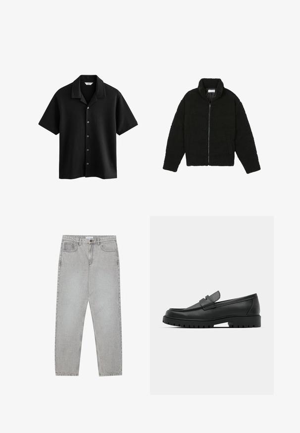 Fekete műszőrme dzseki magas gallérral, cipzáros záródással, rugalmas mandzsettákkal és steppelt mintázattal. Oldalsó zsebekkel rendelkezik, és puha tapintású.; Next CUBAN COLLAR REGULAR FIT - Ing - black; Világosszürke farmernadrág egyenes szabással, öt zsebes stílusban, gombos záródással. Látható varrások az illesztéseknél.; Fekete bőr loafer cipők kerek orral, varrott mintázattal, alacsony platformtalpú és texturált, barázdált gumitalppal.