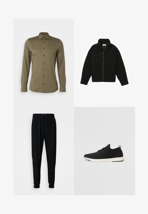 Zwarte faux fur jas met een hoge kraag, ritssluiting, elastische manchetten en een doorgestikt ontwerp. Beschikt over zijzakken en een zachte textuur.; OLYMP No. Six Overhemd - olive; Zwarte joggerbroek gemaakt van een zachte stof met een elastische tailleband, trekkoord en elastische boorden bij de enkels voor een taps toelopende pasvorm.; Zwarte sneaker met een geprofileerde breiwerk bovenkant, witte buitenzool, veters en een trekband op de hak. Heeft een gestroomlijnd, modern design.