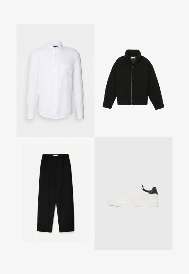 Czarna kurtka z faux futra z wysokim kołnierzem, zapięciem na zamek, elastycznymi mankietami i pikowanym wzorem. Posiada boczne kieszenie i miękką fakturę.; Biała koszula z długim rękawem wykonana z teksturowanej lni, z kołnierzykiem zapinanym na guziki, kieszenią na piersi i beżowymi guzikami na jednolitym tle.; Czarne, szerokie spodnie wykonane z lekkiego materiału. Posiadają elastyczny pasek w talii oraz gładką teksturę. Brak widocznych wzorów czy elementów metalowych.; Białe skórzane sneakersy z tłoczonym wzorem, teksturowaną białą podeszwą środkową oraz czarnym akcentem na pięcie. Posiadają zaokrąglony nosek i płaskie sznurowadła.